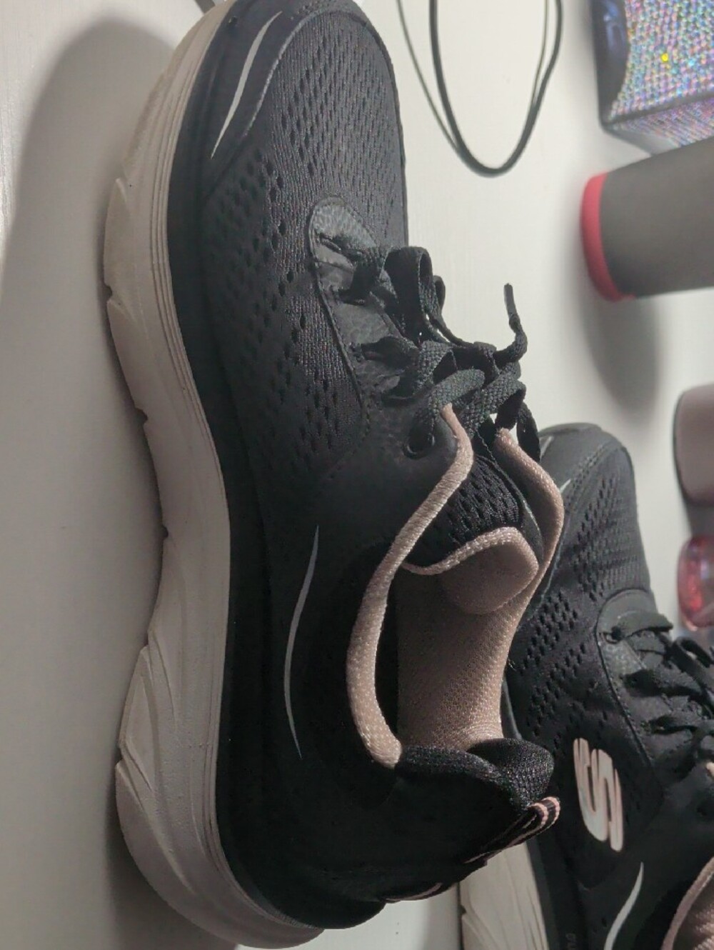 Skechers Black Athletic Walking Shoes with Light Pink Accents - Picture 2 of 6